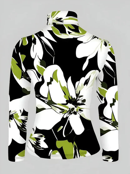 Kvinders Turtleneck T-shirt Blomstret Blødt Stof Lange Ærmer-4