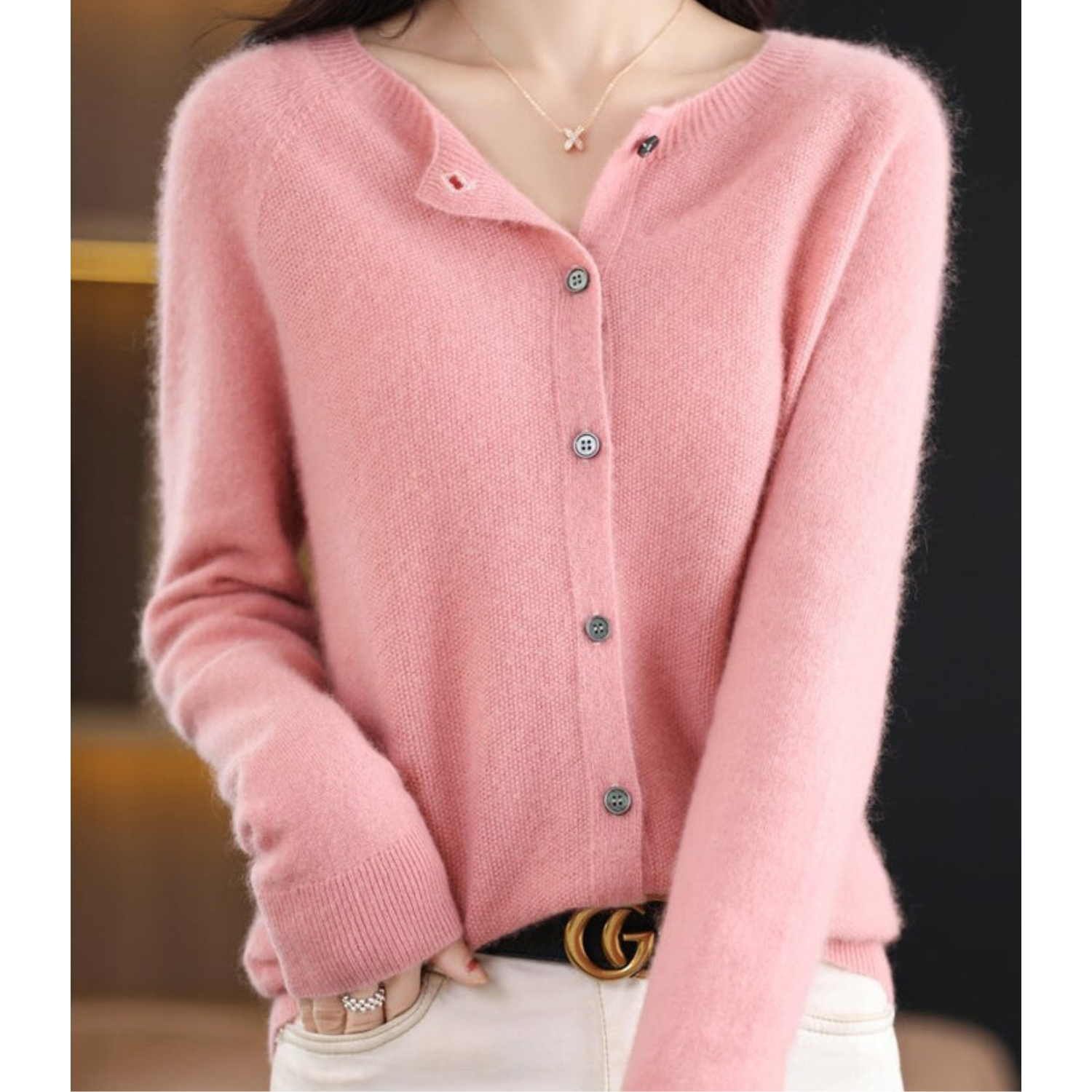Variant image for Damer Uld Cardigan Hvid Striktrøje O-Hals 100% Ren Uld-7