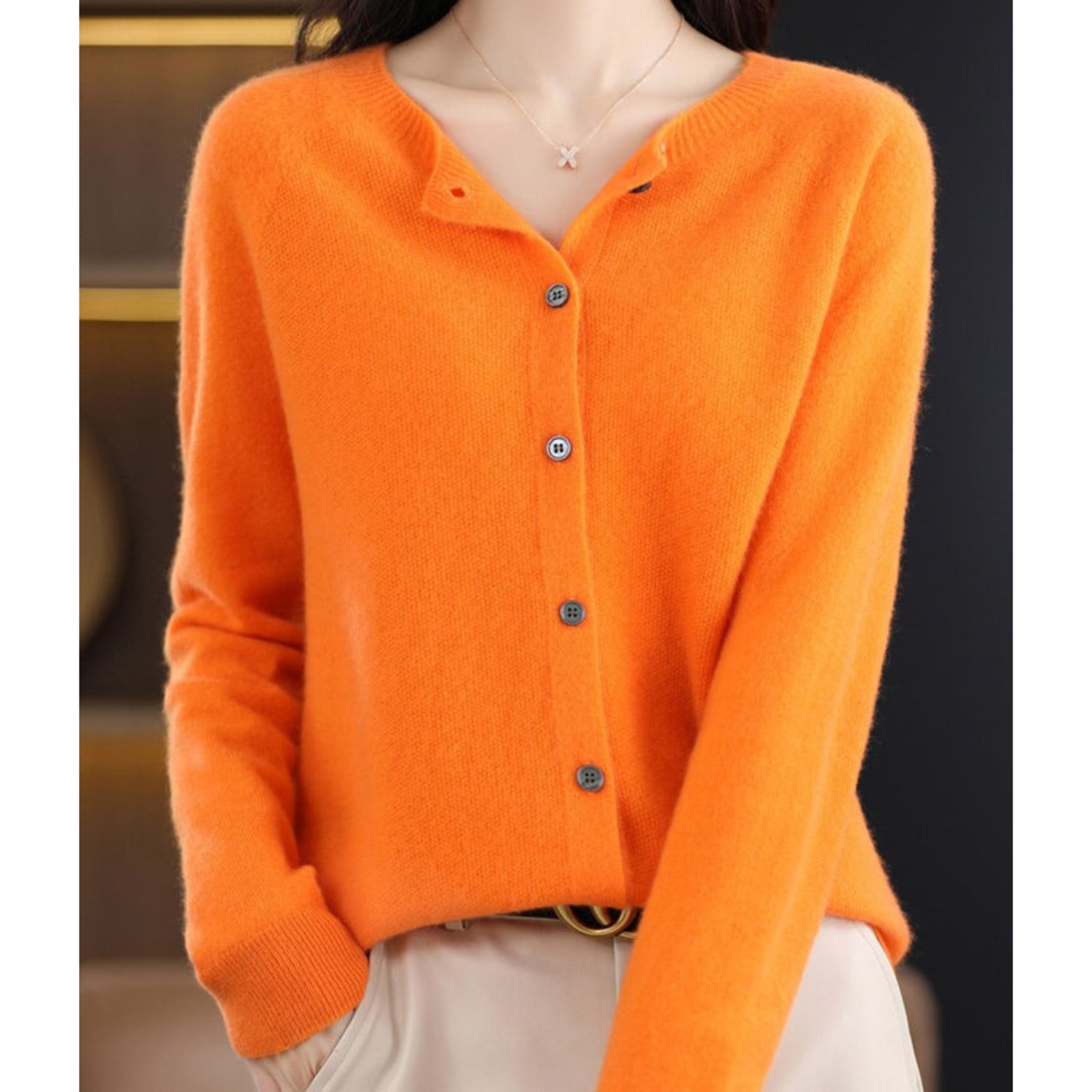 Variant image for Damer Uld Cardigan Hvid Striktrøje O-Hals 100% Ren Uld-43