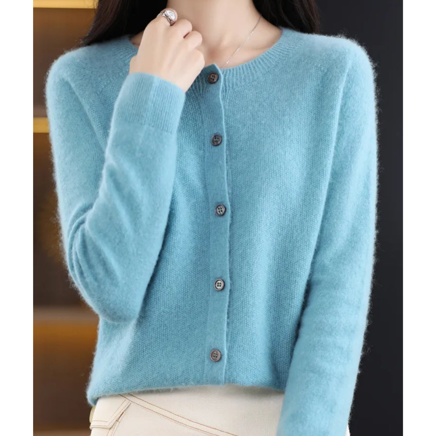 Variant image for Damer Uld Cardigan Hvid Striktrøje O-Hals 100% Ren Uld-19