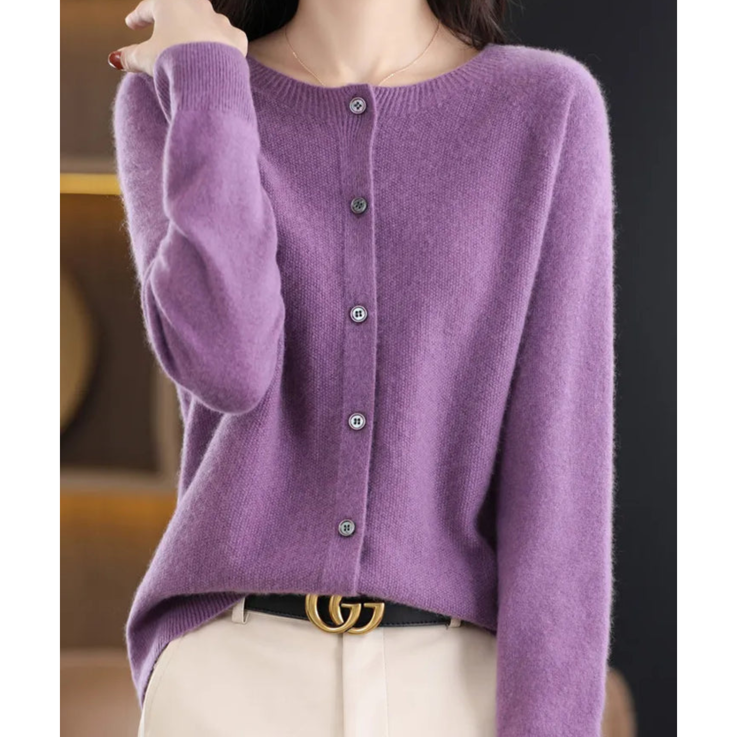 Variant image for Damer Uld Cardigan Hvid Striktrøje O-Hals 100% Ren Uld-49
