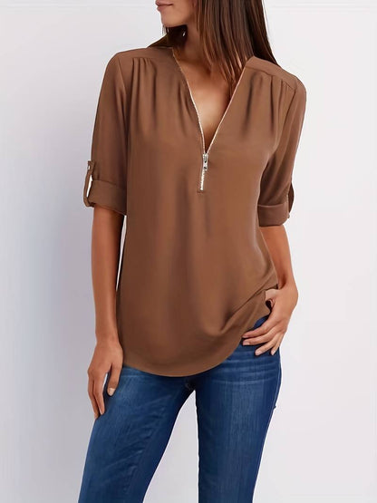 Variant image for Kvinders Casual Bluse Halv Rits 100% Bomuld Rulleopærmer-33