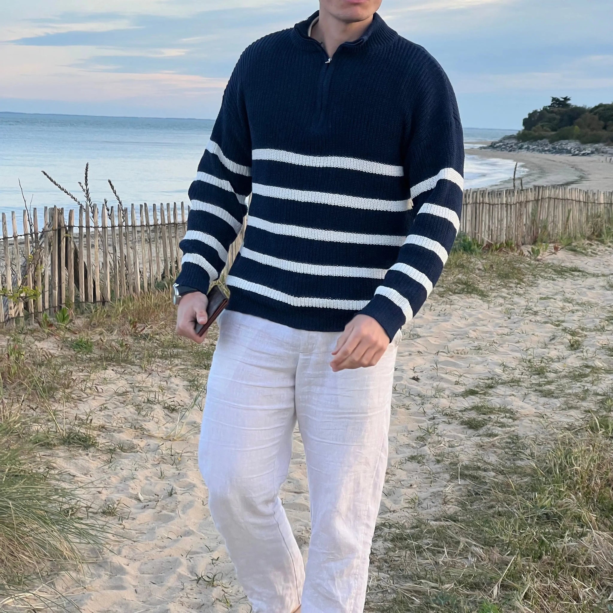 Herre Pullover Sweater Stribet Halv Lynlås Bomuldsblanding 3