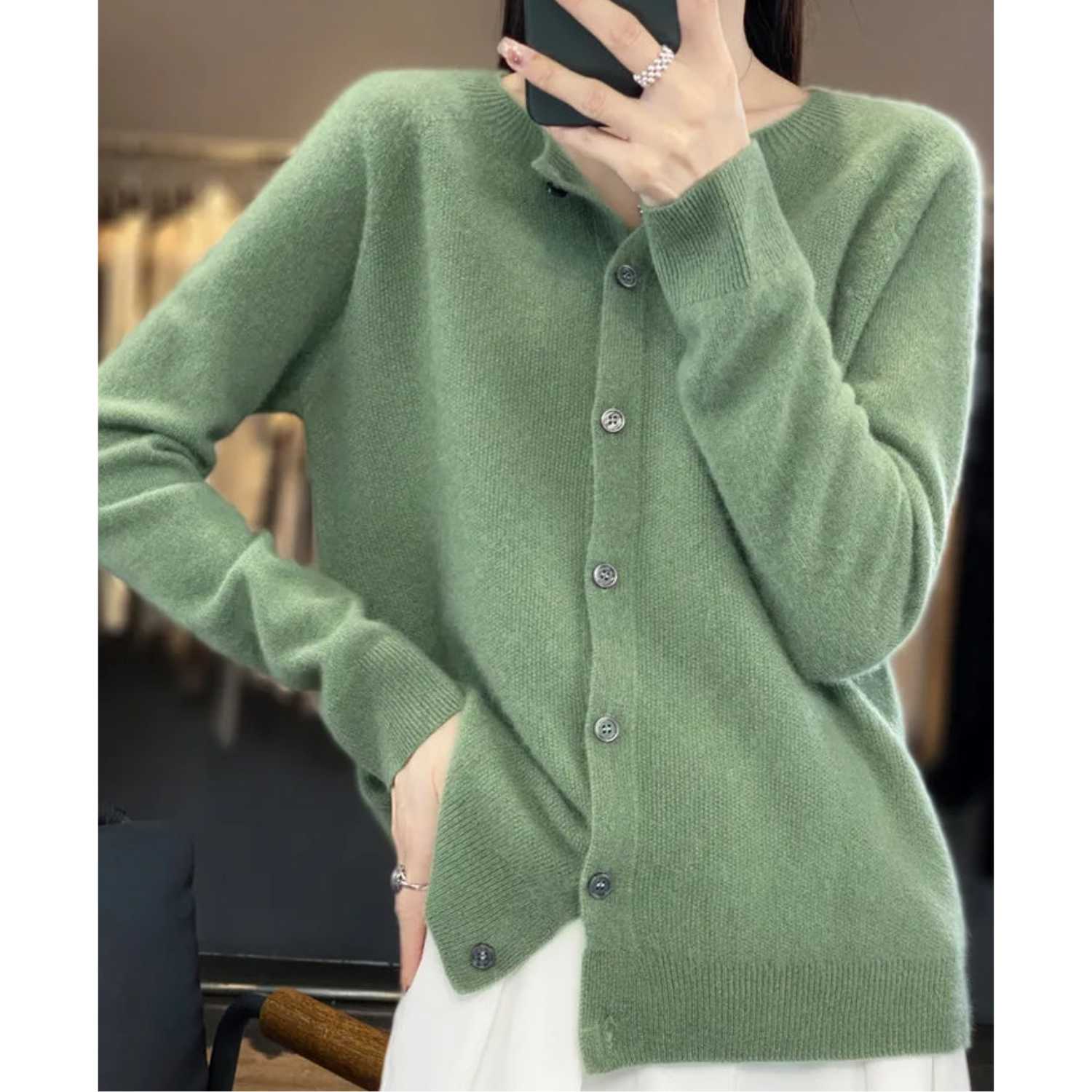 Variant image for Damer Uld Cardigan Hvid Striktrøje O-Hals 100% Ren Uld-73