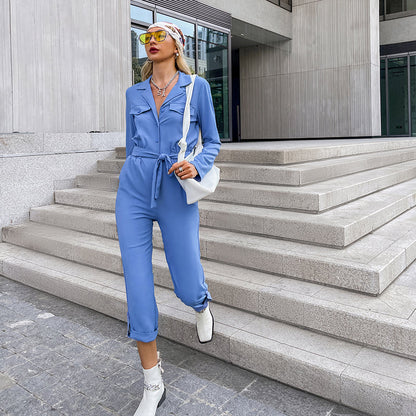 Kvinders Jumpsuit Elegant Polyester Langærmet Knapdesign-3