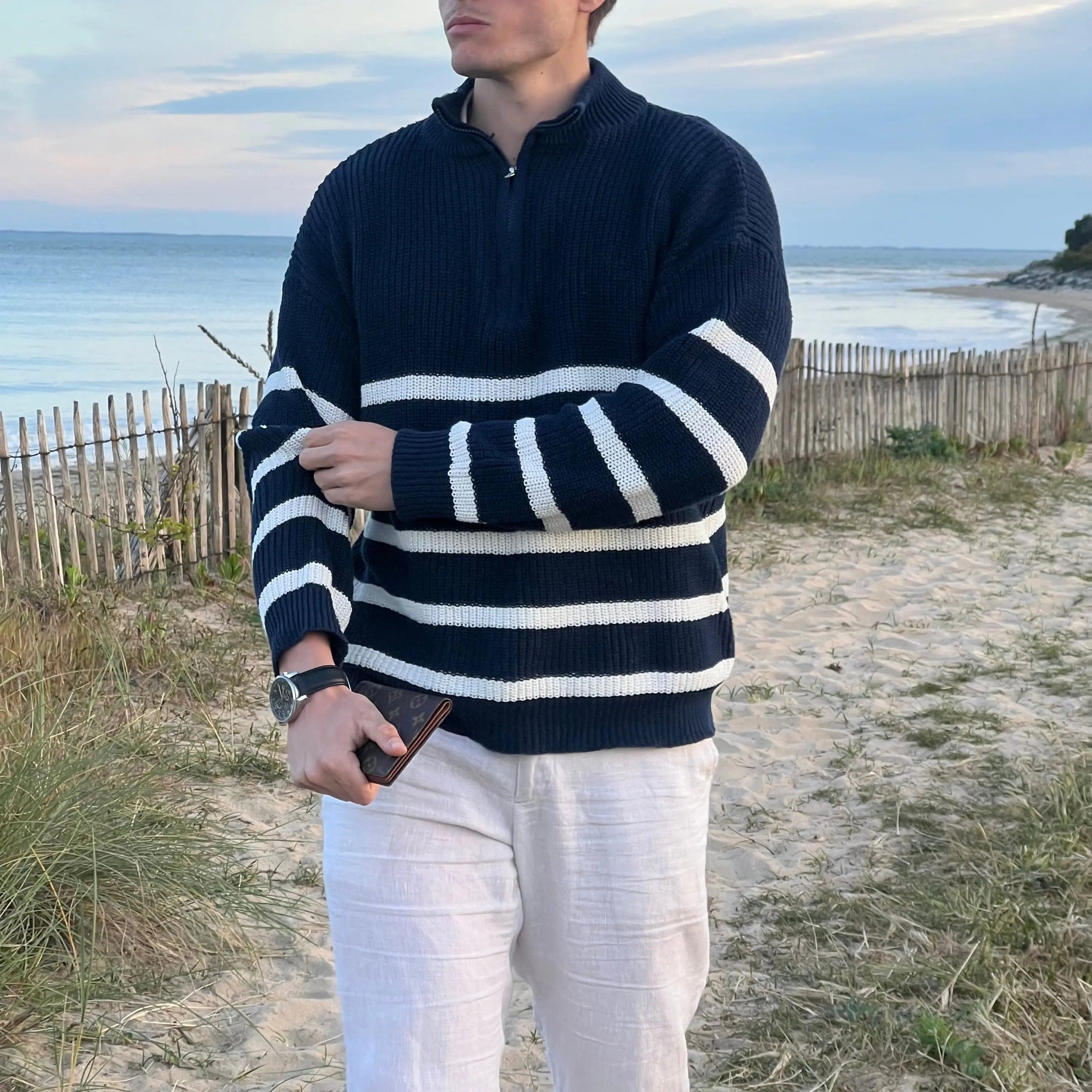 Herre Pullover Sweater Stribet Halv Lynlås Bomuldsblanding 2