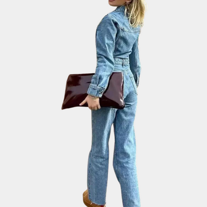 Dame Jumpsuit Denim Med Lange Ærmer Flatterende Pasform-3