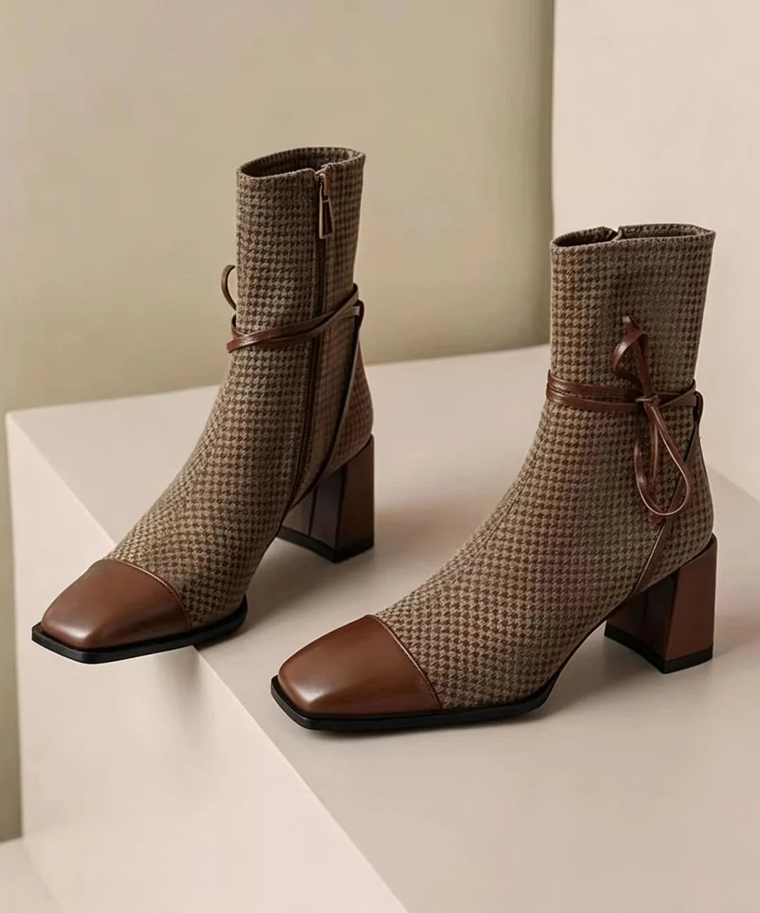 Dame Ankelstøvler med Houndstooth-mønster og Chunky Hæl 2