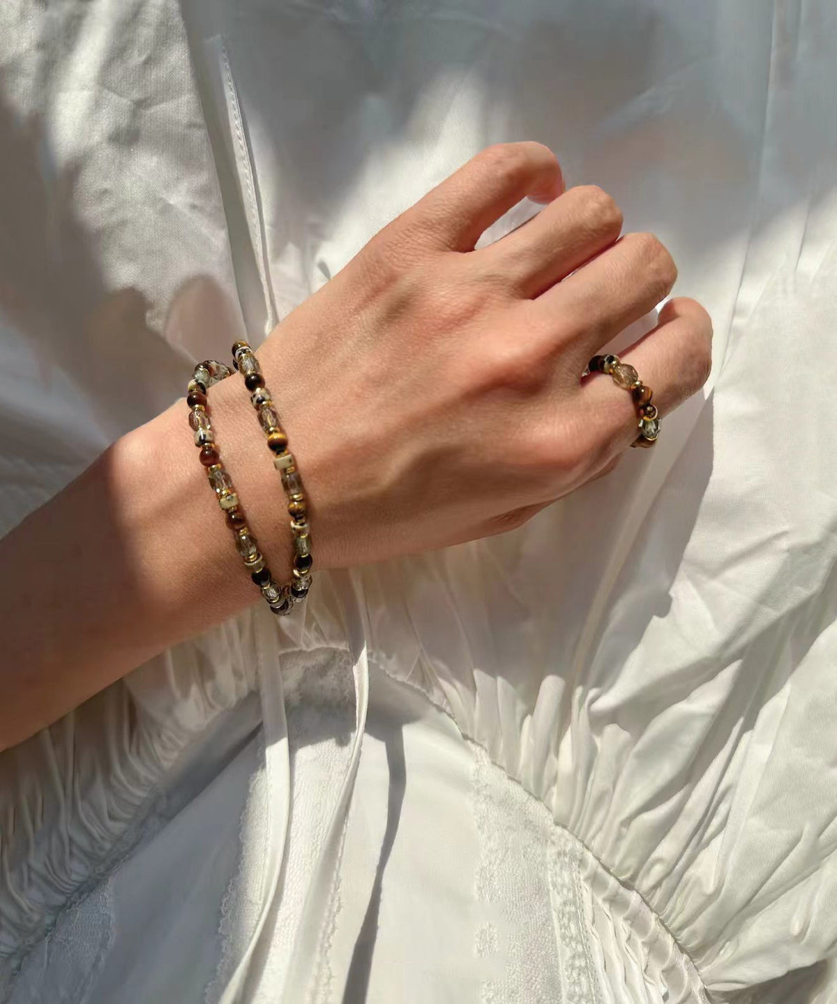 Dame Armbånd og Ring Sæt med Tiger Eye og Glasperler 1