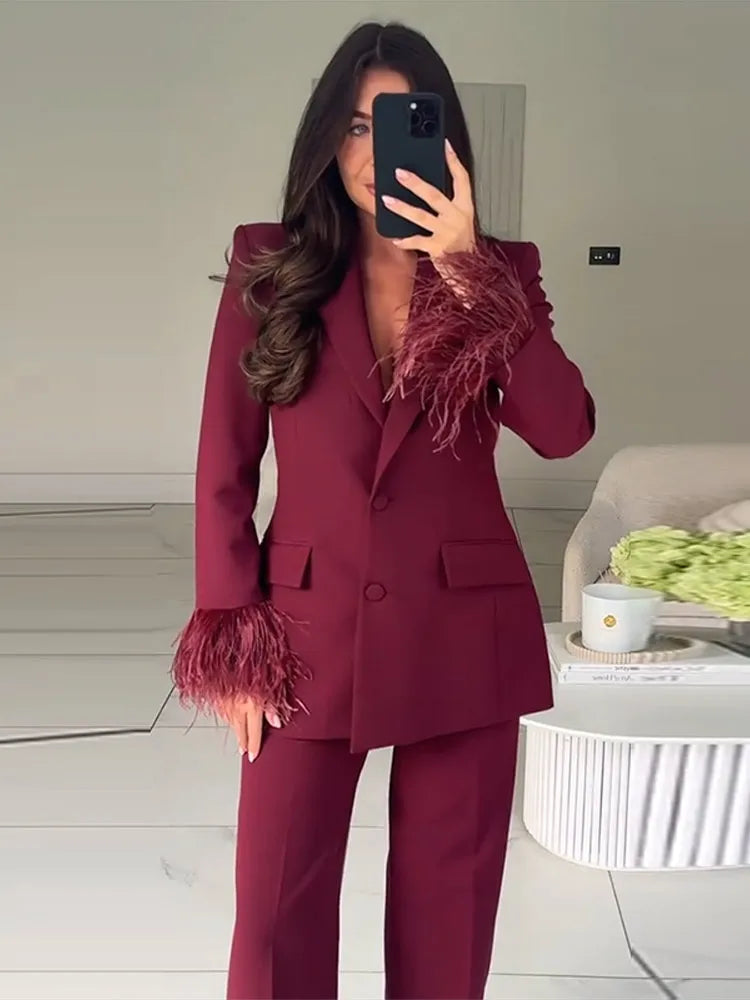 Dame Blazer Bukser Sæt med Revers 1