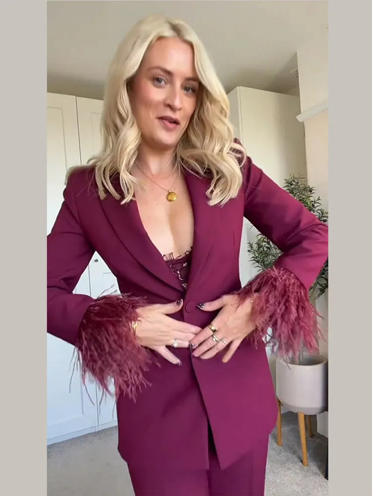 Dame Blazer Bukser Sæt med Revers 4