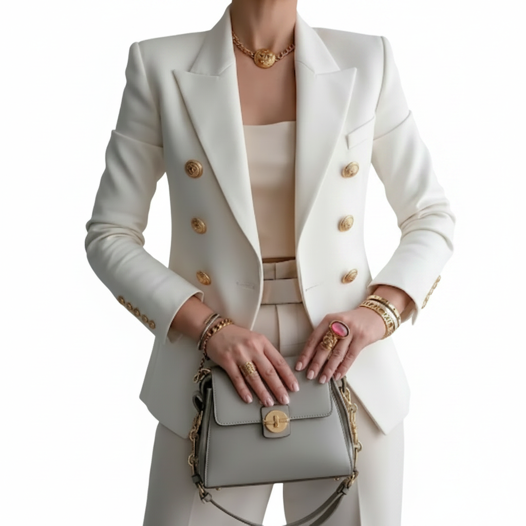 Dame Blazer Jakke Dobbeltradet Med Guldknapper 0