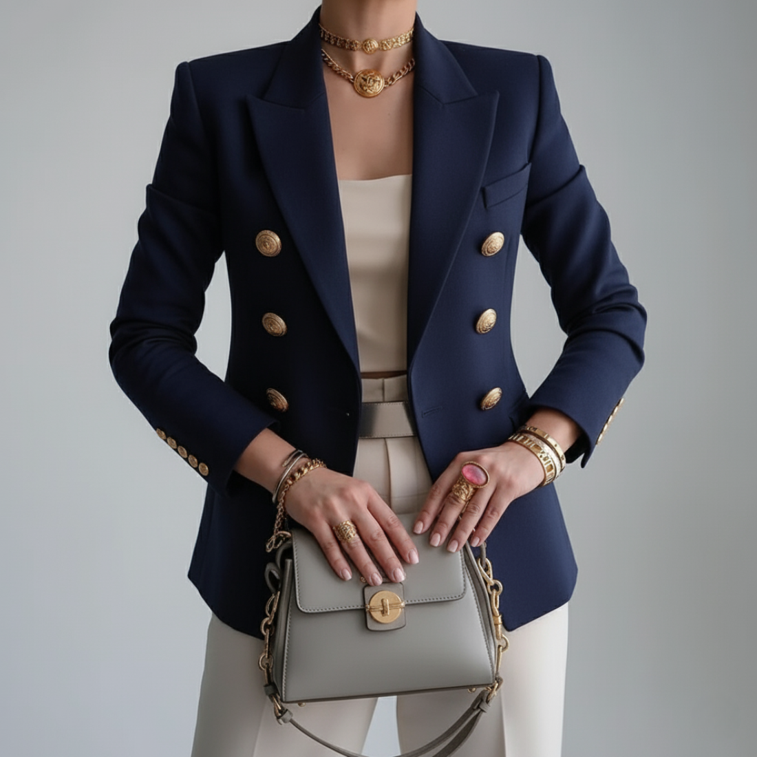 Dame Blazer Jakke Dobbeltradet Med Guldknapper 1