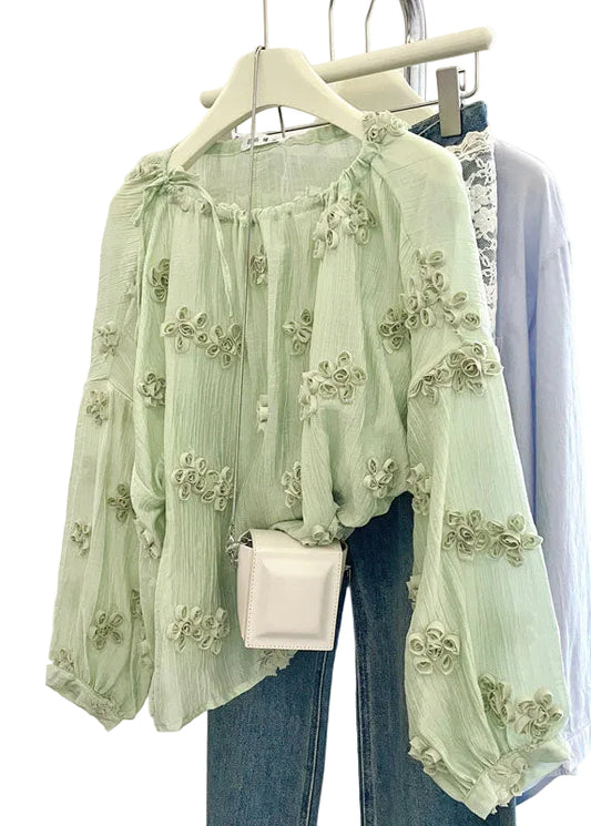 Dame Blomstret Chiffon Bluse med O-hals Plus Size 0