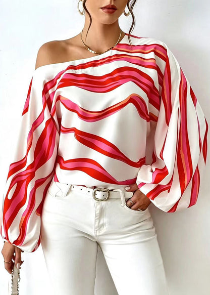 Dame Bluse One Shoulder Langærmet Stribet 1