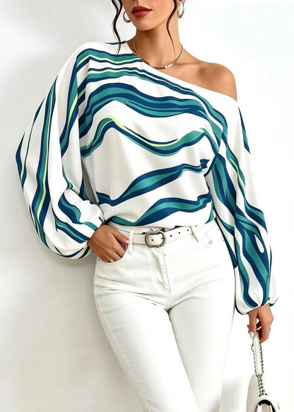 Dame Bluse One Shoulder Langærmet Stribet 2