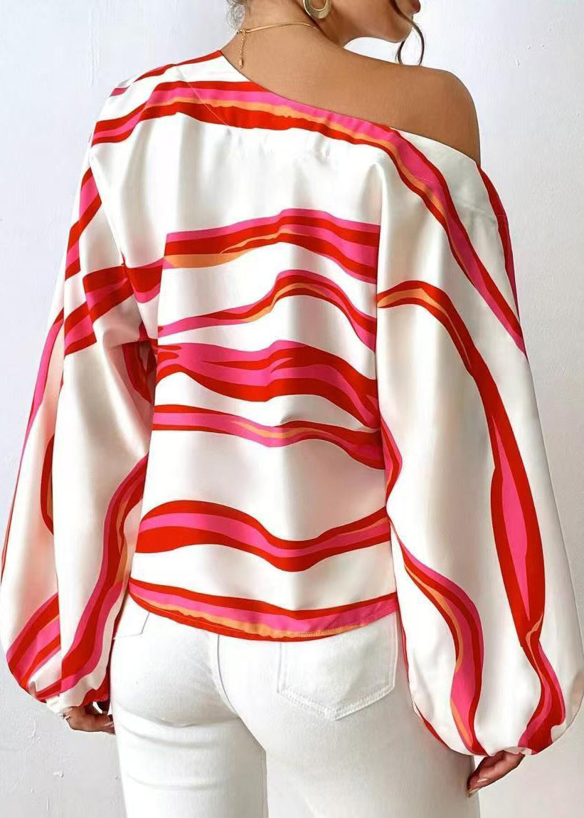 Dame Bluse One Shoulder Langærmet Stribet 3