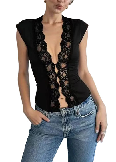 Dame Bluse Patchwork Design med Knapper 0