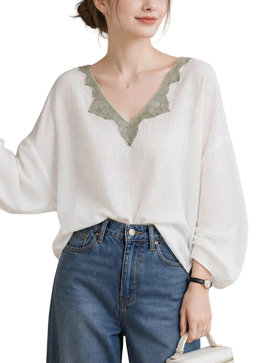 Dame Bluse V-hals Patchwork Lanterneærmer Til Alle Anledninger 0