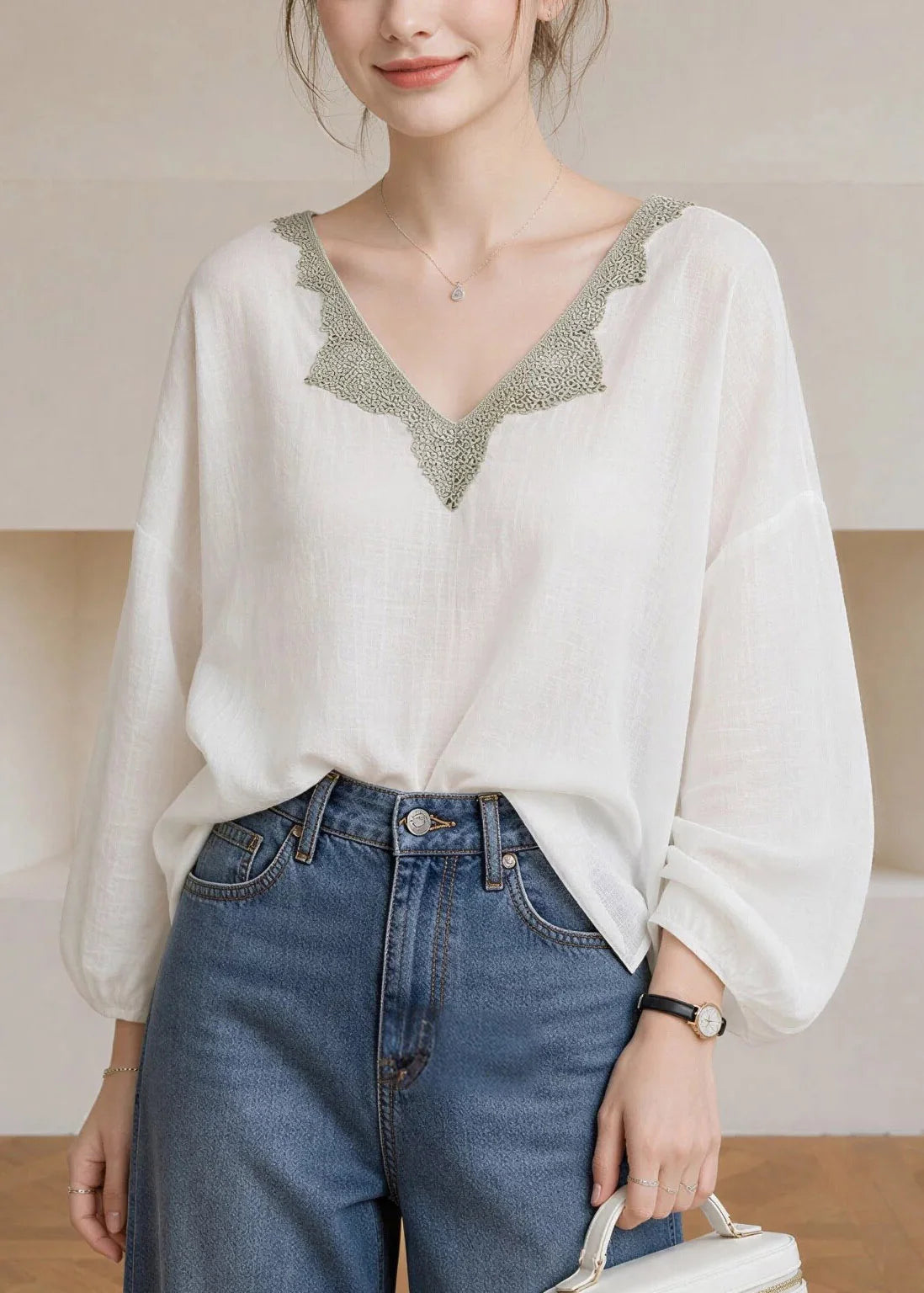 Dame Bluse V-hals Patchwork Lanterneærmer Til Alle Anledninger 1
