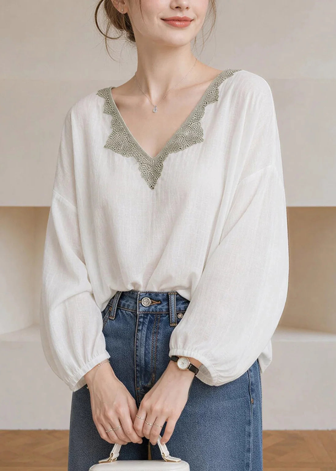 Dame Bluse V-hals Patchwork Lanterneærmer Til Alle Anledninger 2