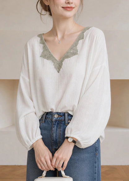 Dame Bluse V-hals Patchwork Lanterneærmer Til Alle Anledninger 2