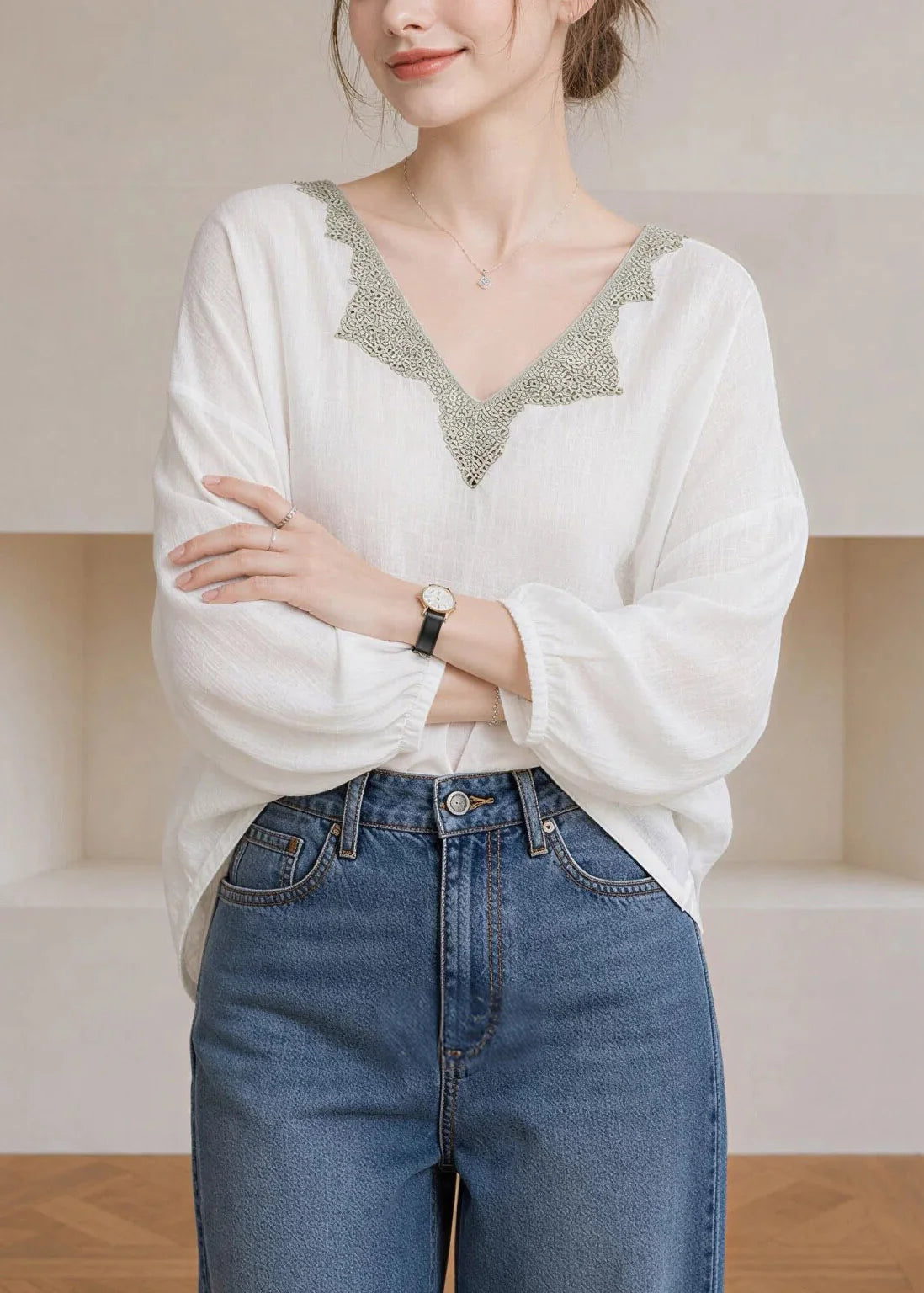 Dame Bluse V-hals Patchwork Lanterneærmer Til Alle Anledninger 3