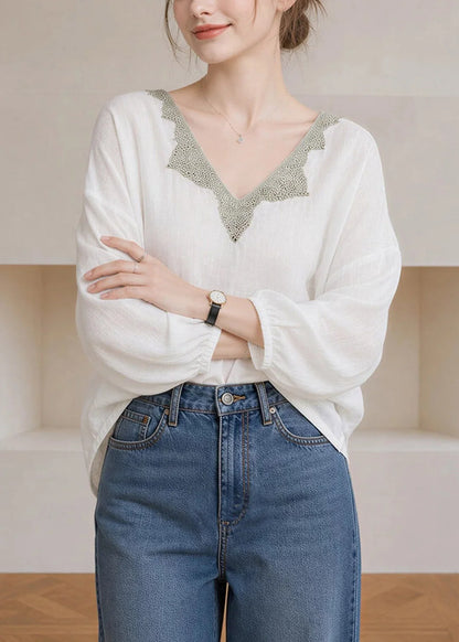 Dame Bluse V-hals Patchwork Lanterneærmer Til Alle Anledninger 3