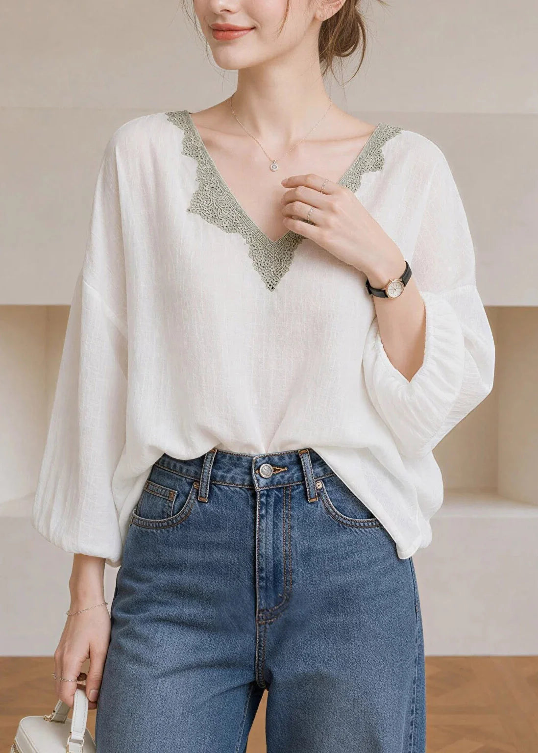 Dame Bluse V-hals Patchwork Lanterneærmer Til Alle Anledninger 4