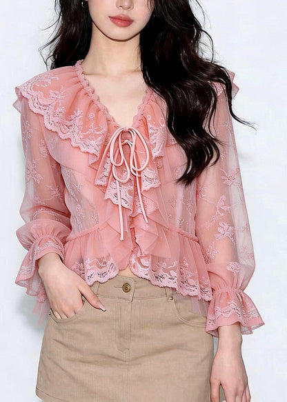 Dame Bluse med Flæser og Patchwork Design Langærmet 2