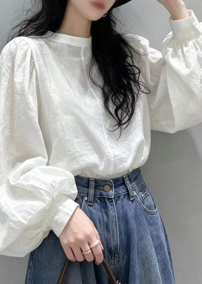 Dame Bluse med O-hals og Lanternærmer 3