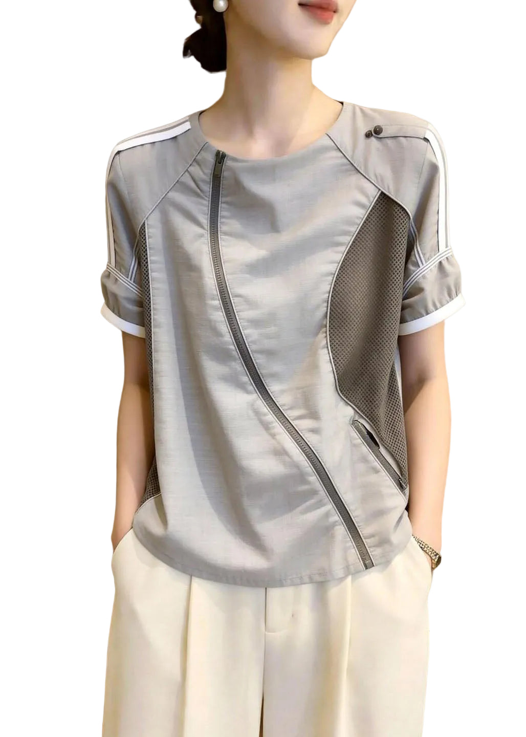 Dame Bluse med O-hals og Patchwork Design 0