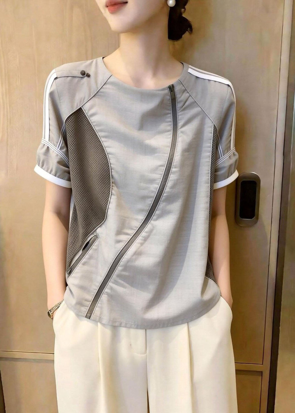 Dame Bluse med O-hals og Patchwork Design 4