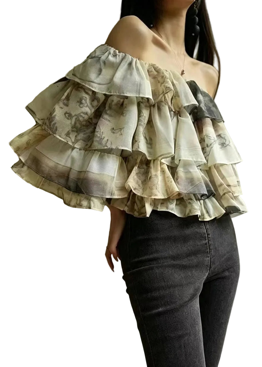 Dame Bluse med Slash Hals og Lagdelt Print 0