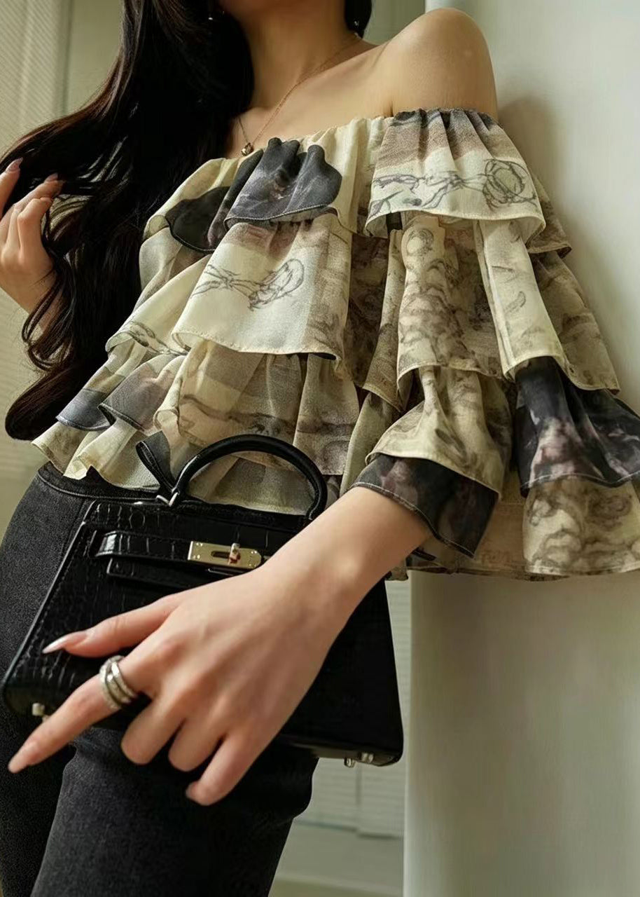 Dame Bluse med Slash Hals og Lagdelt Print 3