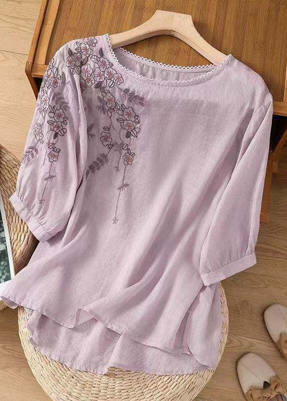 Dame Bomuldstop O-hals Broderet Casual 2