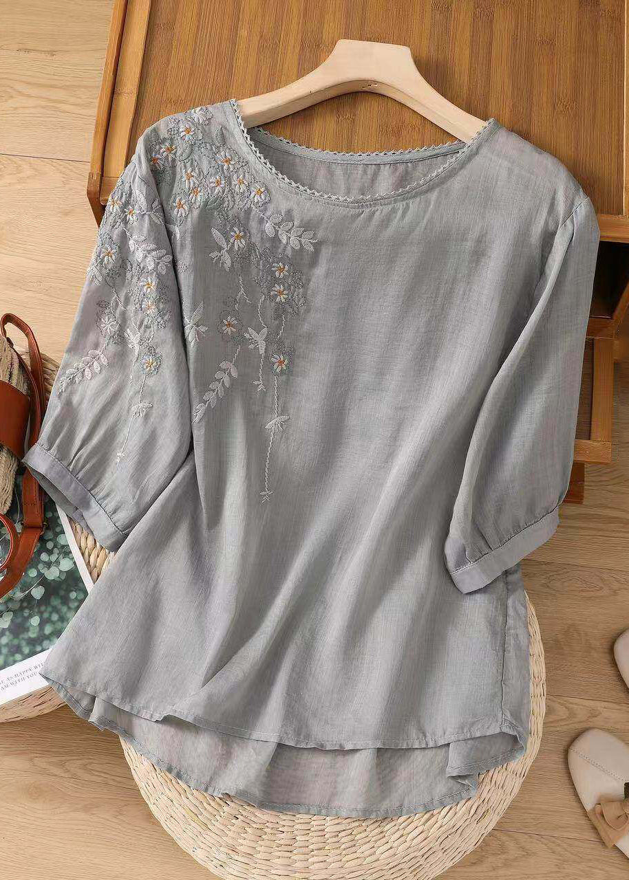 Dame Bomuldstop O-hals Broderet Casual 3
