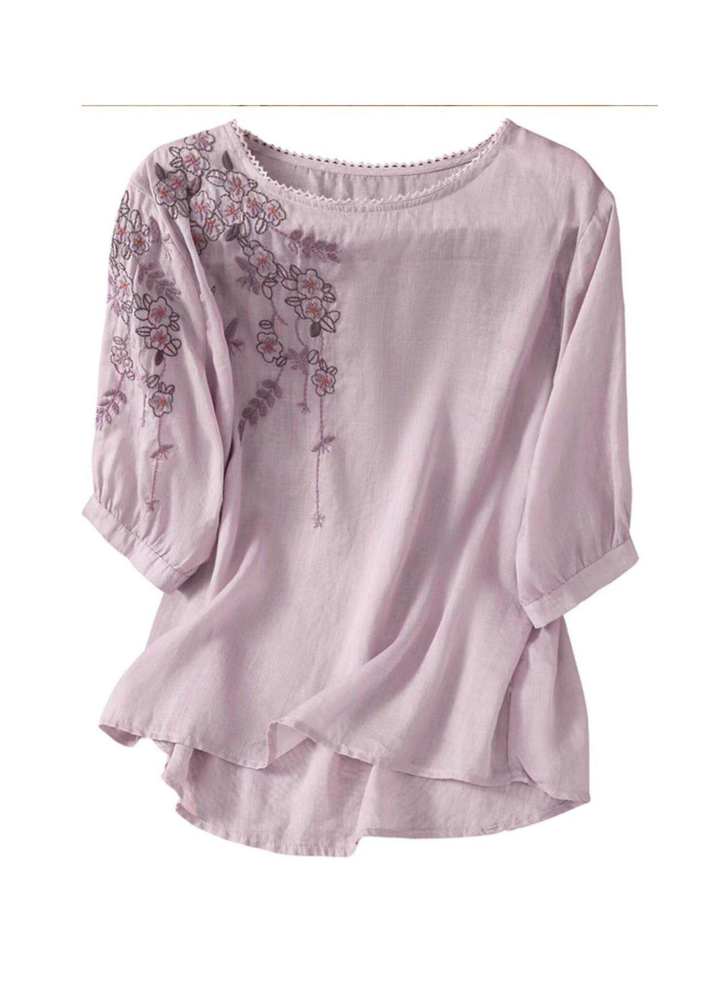 Dame Bomuldstop O-hals Broderet Casual 4