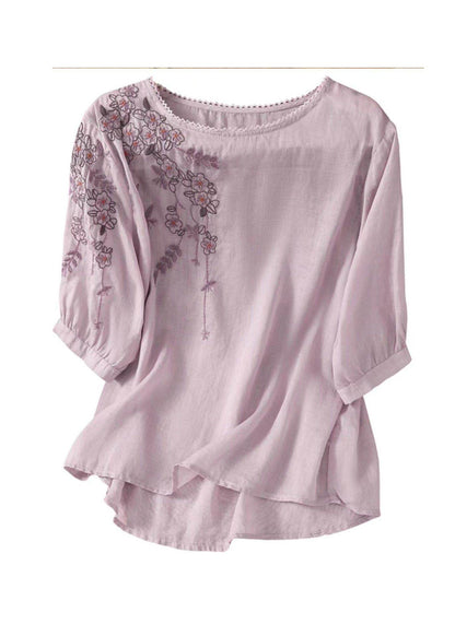 Dame Bomuldstop O-hals Broderet Casual 4