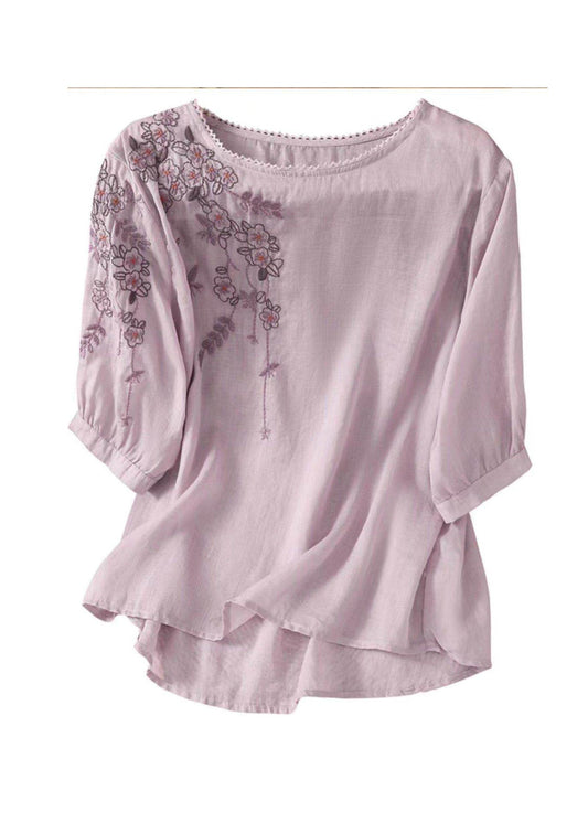 Dame Bomuldstop O-hals Broderet Casual 4