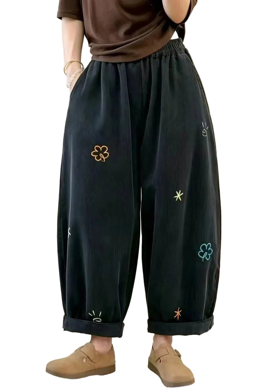Dame Bukser Baggy Med Broderede Lommer Vintage Stil 0