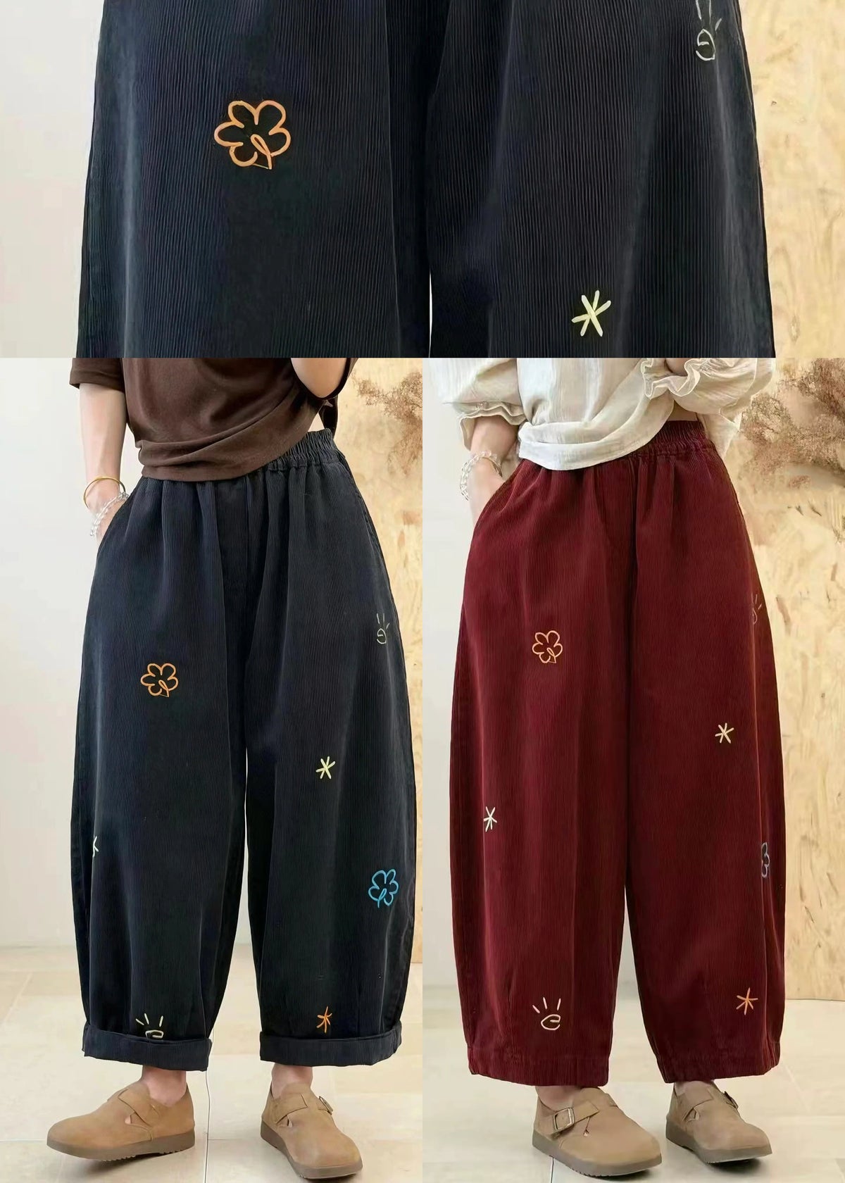 Dame Bukser Baggy Med Broderede Lommer Vintage Stil 4