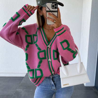 Dame Cardigan V-Hals Med Kontrastfarver 5