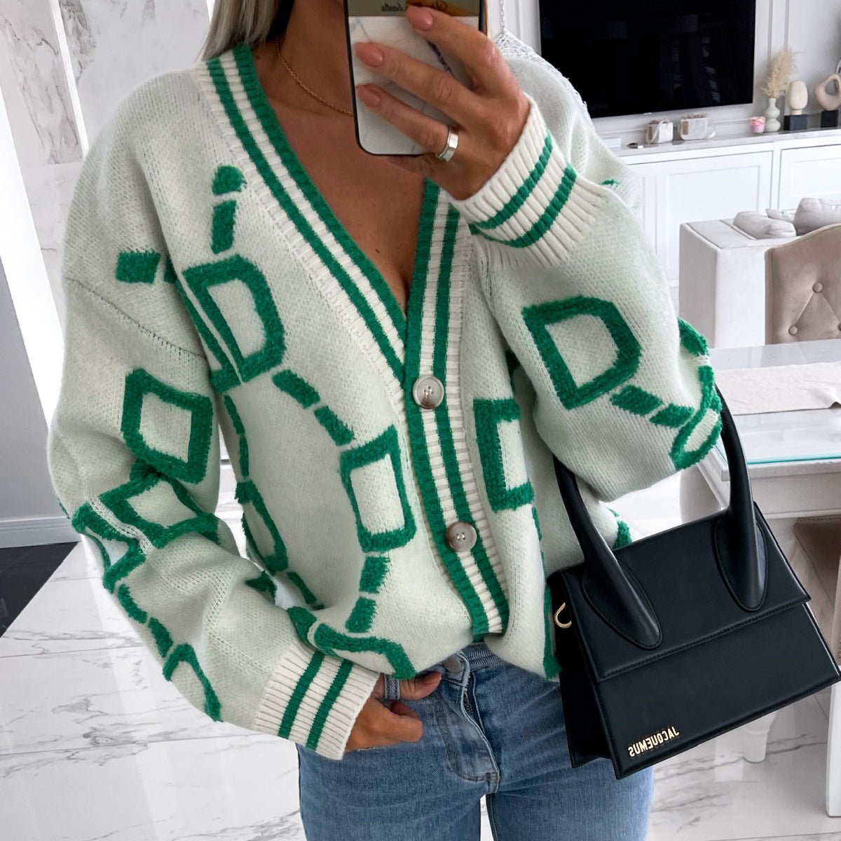 Dame Cardigan V-Hals Med Kontrastfarver 9