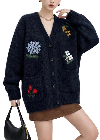 Dame Cardigan V-hals Broderede Lommer Efterår 0