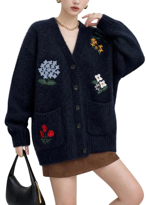 Dame Cardigan V-hals Broderede Lommer Efterår 0