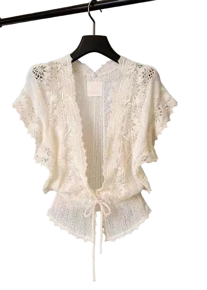 Dame Cardigan V-hals Med Blonde Detaljer Korte Ærmer 0