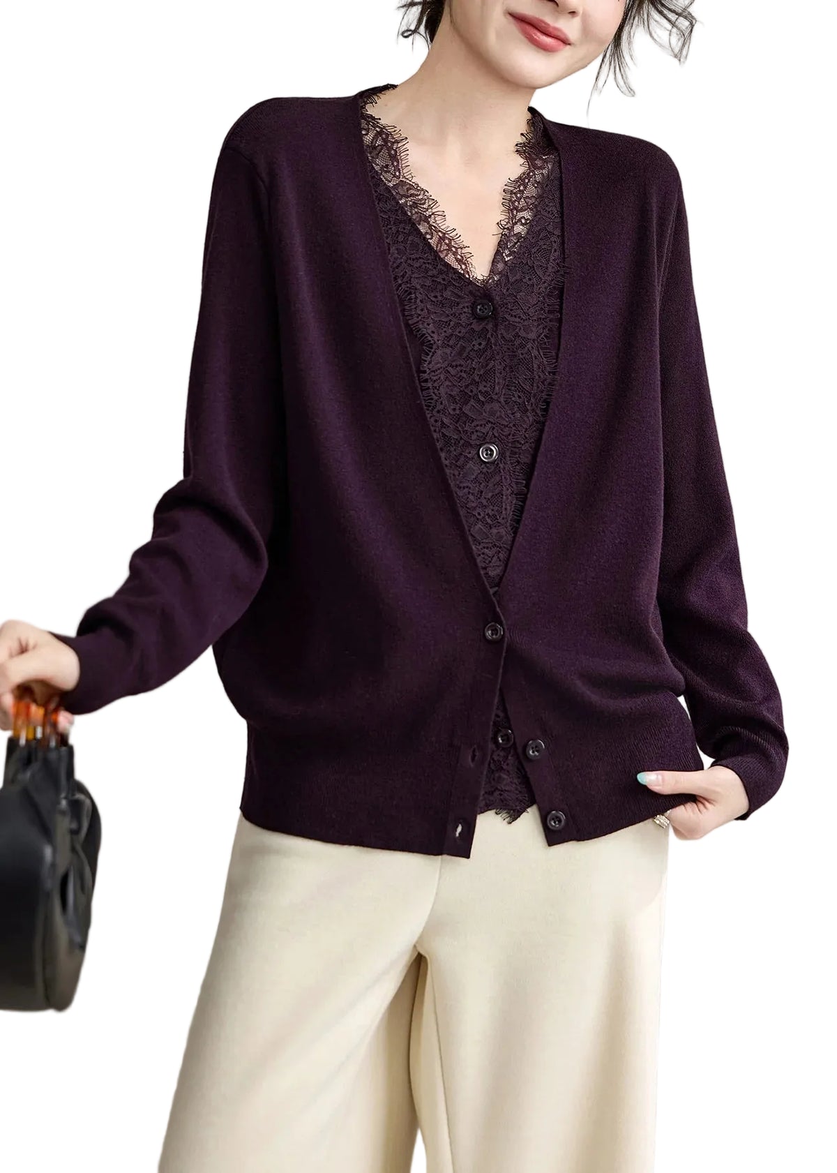 Dame Cardigan V-hals Patchwork Strik Efterår 0