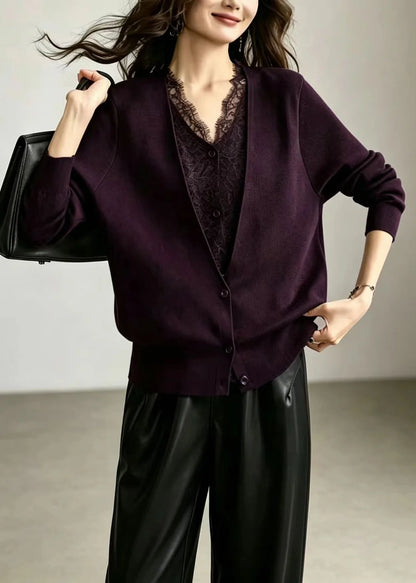 Dame Cardigan V-hals Patchwork Strik Efterår 1