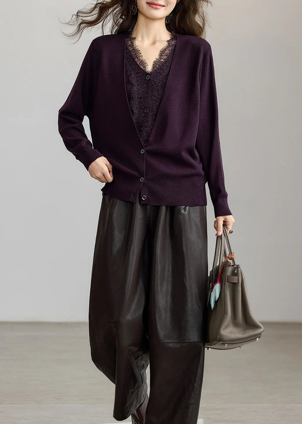 Dame Cardigan V-hals Patchwork Strik Efterår 2